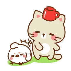 Cartoon Cat With Red Cup On Head Next To Dog Sticker