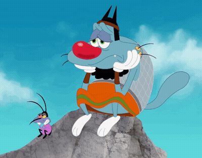 Cartoon Cat With Red Nose Sitting On Rock Next To Cockroach GIF