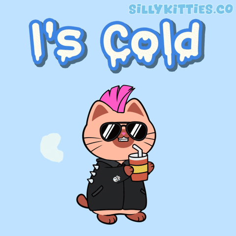 Cartoon Cat With Sunglasses And Mohawk Holding Hot Beverage Saying I's Cold GIF