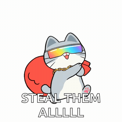 Cartoon Cat With Sunglasses Holding Red Bag Saying Steal Them Alllll GIF