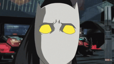 Cartoon Cat With Yellow Eyes and Marvel HQ Logo