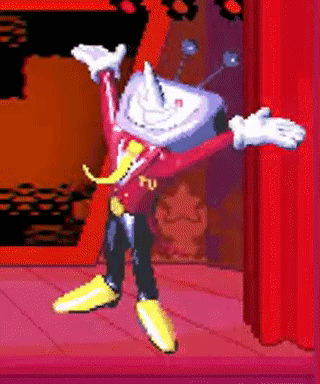 Cartoon Character Arms Outstretched Red Curtain GIF