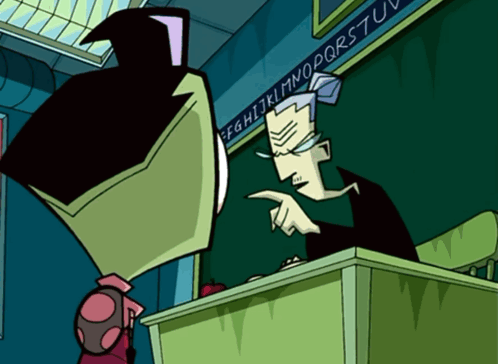 Cartoon Character At Desk With Blackboard GIF