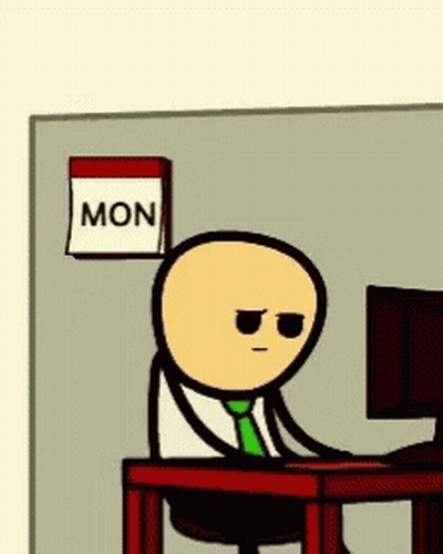 Cartoon Character At Desk With Computer And Mon Calendar GIF