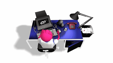 Cartoon Character At Desk With Computer And Printer Saying Infinity GIF
