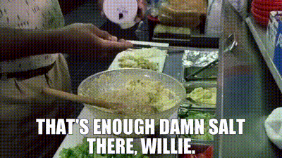 Cartoon Character At Table With Fries Saying Needs Salt GIF