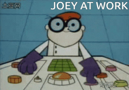 Cartoon Character At Table With Joey At Work GIF