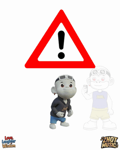 Cartoon Character Beside Red Triangle With Exclamation Point GIF