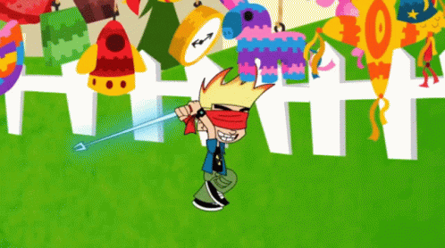 Cartoon Character Blindfolded Holding Sword GIF