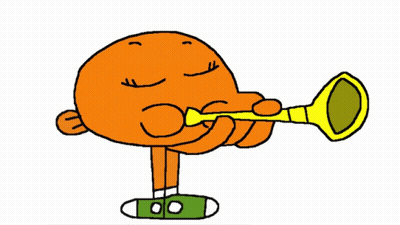 Cartoon Character Blowing Trumpet On Pile Of Books GIF