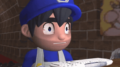 Cartoon Character Blue Hat Overalls Holding White Keyboard GIF
