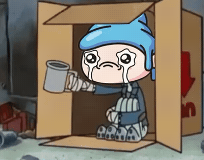 Cartoon Character Crying In Cardboard Box Holding Mug GIF