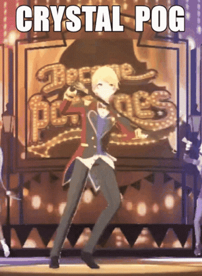 Cartoon Character Dancing in Front of Crystal Pog Sign