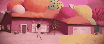 Cartoon Character Dancing In Front Of Pink Ice Cream House GIF