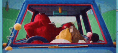 Cartoon Character Driving Blue Car With Toys GIF