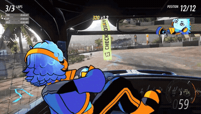 Cartoon Character Driving Car With Check Dirt Banner GIF