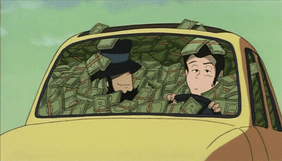 Cartoon Character Driving Money Car GIF