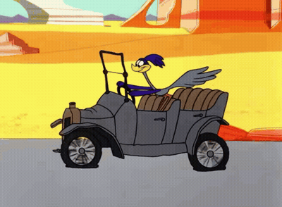 Cartoon Character Driving Old Car With Flat Tire GIF