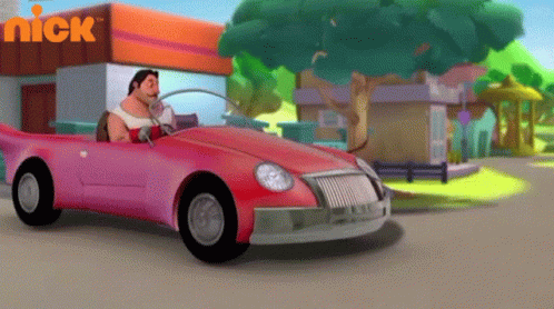 Cartoon Character Driving Pink Car GIF