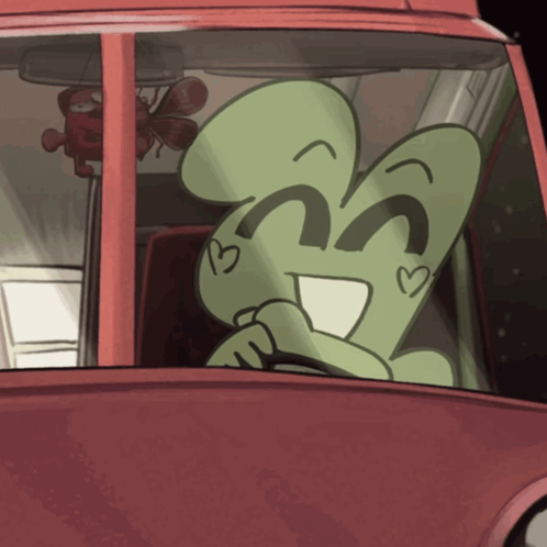 Cartoon Character Driving Red Car And Smiling GIF
