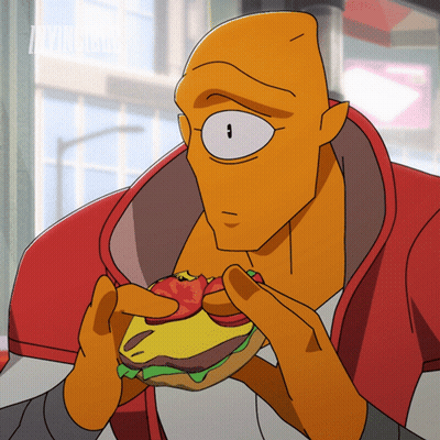 Cartoon Character Eating Hamburger With Tomato GIF