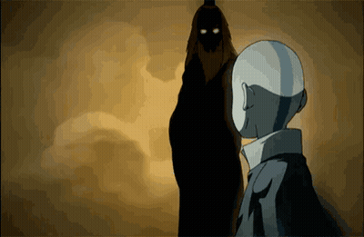 Cartoon Character Facing Shadowy Figure With Glowing Eyes GIF