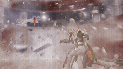 Cartoon Character Fighting Robot In Stadium GIF