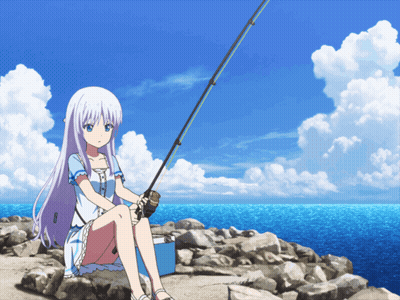 Cartoon Character Fishing On Rock In River GIF