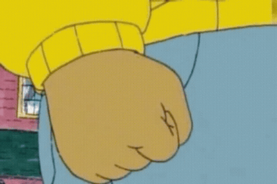 Cartoon Character Fist In Yellow Sweater And Blue Jeans GIF