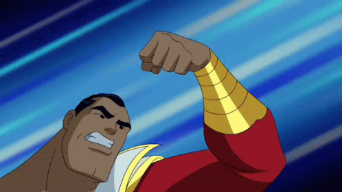 Cartoon Character Flexing Arm On Blue Background GIF