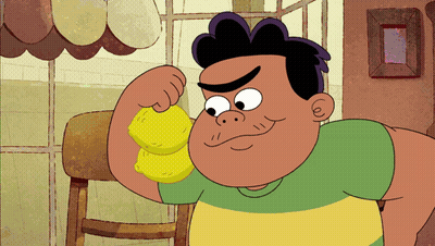 Cartoon Character Flexing Muscles Holding Lemon GIF