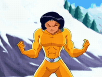 Cartoon Character Flexing Muscles In Front Of Mountain GIF