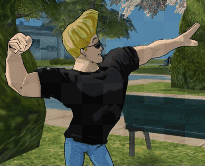 Cartoon Character Flexing Muscles In Front Of Park Bench GIF