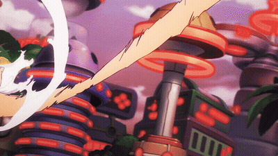 Cartoon Character Flying In Front Of Colorful Building GIF