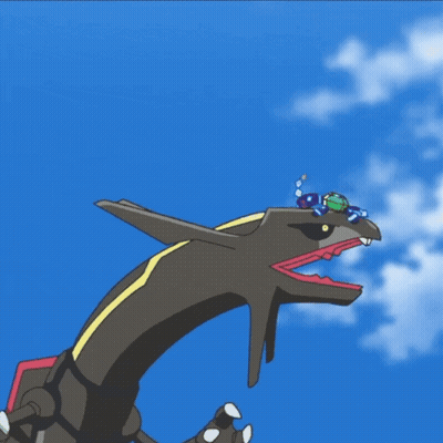 Cartoon Character Flying Next To Giant Monster GIF