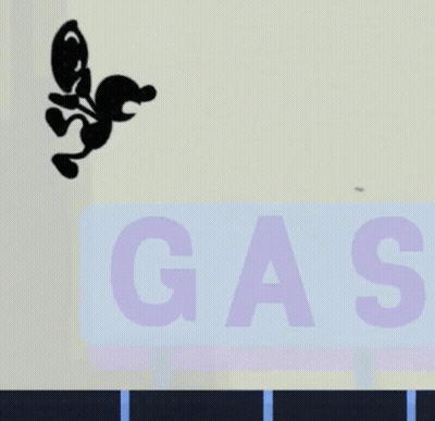 Cartoon Character Flying Over Gas Station Sign GIF