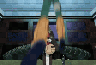 Cartoon Character Hanging Upside Down In Front Of Tire GIF