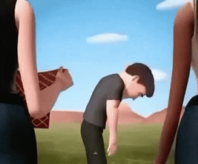 Cartoon Character Head Down In Field With Two Women GIF
