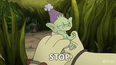 Cartoon Character Held By Hand With Stop Above GIF