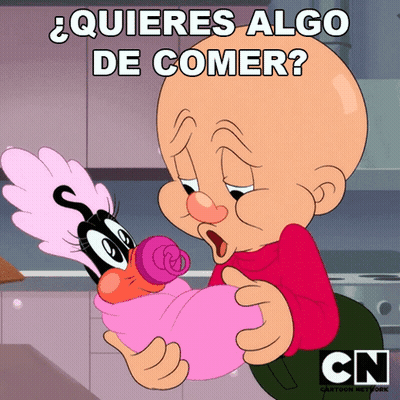 Cartoon Character Holding Baby Saying Quieres Algo De Comer GIF