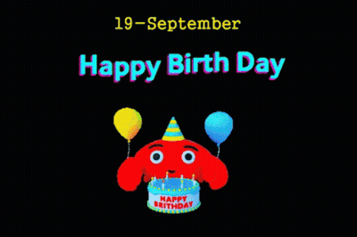 Cartoon Character Holding Balloons And Cake Saying Happy Birthday GIF