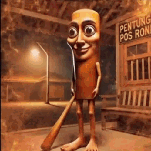 Cartoon Character Holding Baseball Bat In Front Of Building GIF