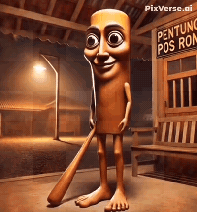 Cartoon Character Holding Baseball Bat In Front Of Pentong Pos Ron Sign GIF