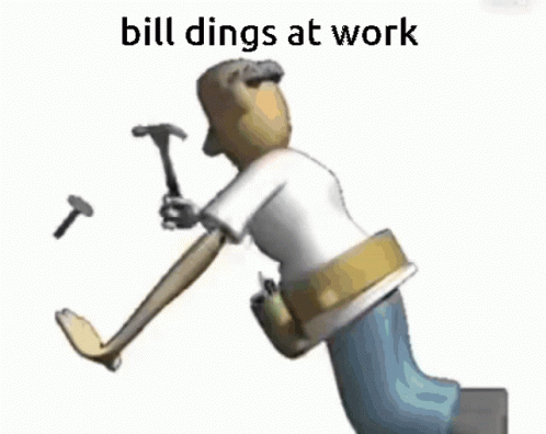 Cartoon Character Holding Bill Dings At Work Sign GIF