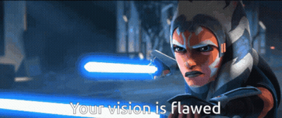 Cartoon Character Holding Blue Lightsaber Saying Your Vision Is Flawed GIF