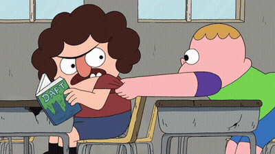 Cartoon Character Holding Book Titled Daft GIF