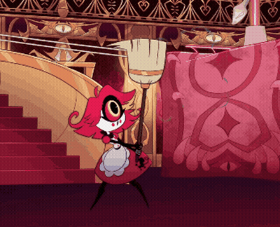 Cartoon Character Holding Broom In Room With Stairs GIF
