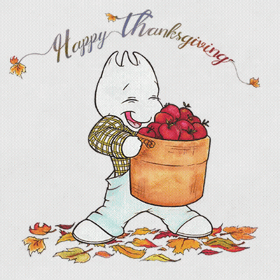 Cartoon Character Holding Bucket Of Apples Saying Happy Thanksgiving GIF