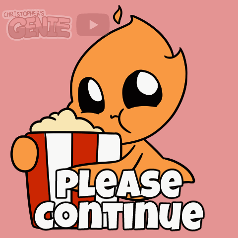 Cartoon Character Holding Bucket Of Popcorn With Words Please Continue GIF