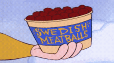 Cartoon Character Holding Bucket Of Swedish Meatballs GIF